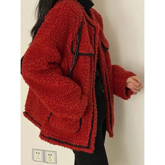 

WTEMPO Рождественское красное пальто женское толстое теплое осенне-зимнее плюшевое пальто большого размера с отложным воротником в уличном стиле XL красный