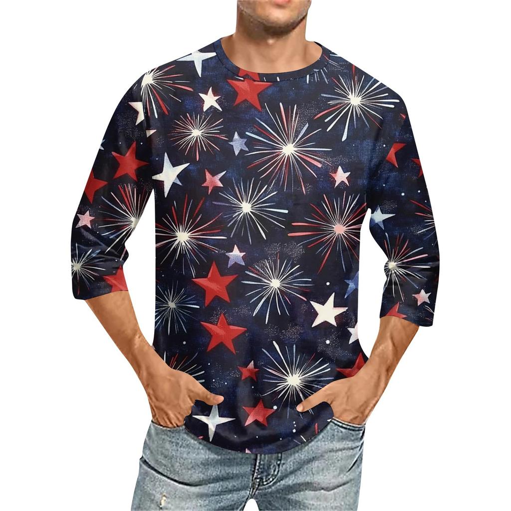 Herrenmode Lässiges T-Shirt mit Unabhängigkeitstag-Print am Hals und sieben Ärmeln