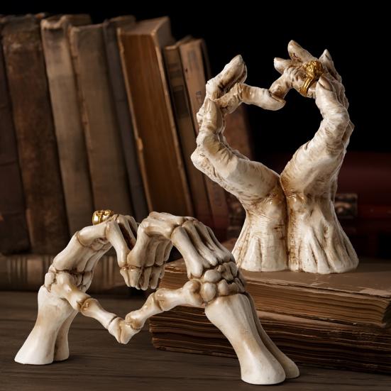 Skeleton Hand Figurine Halloween Gothic Love Heart Gesture Bone Hand Statue Resin Sculpture Home Office Desktop Decoration Ornament