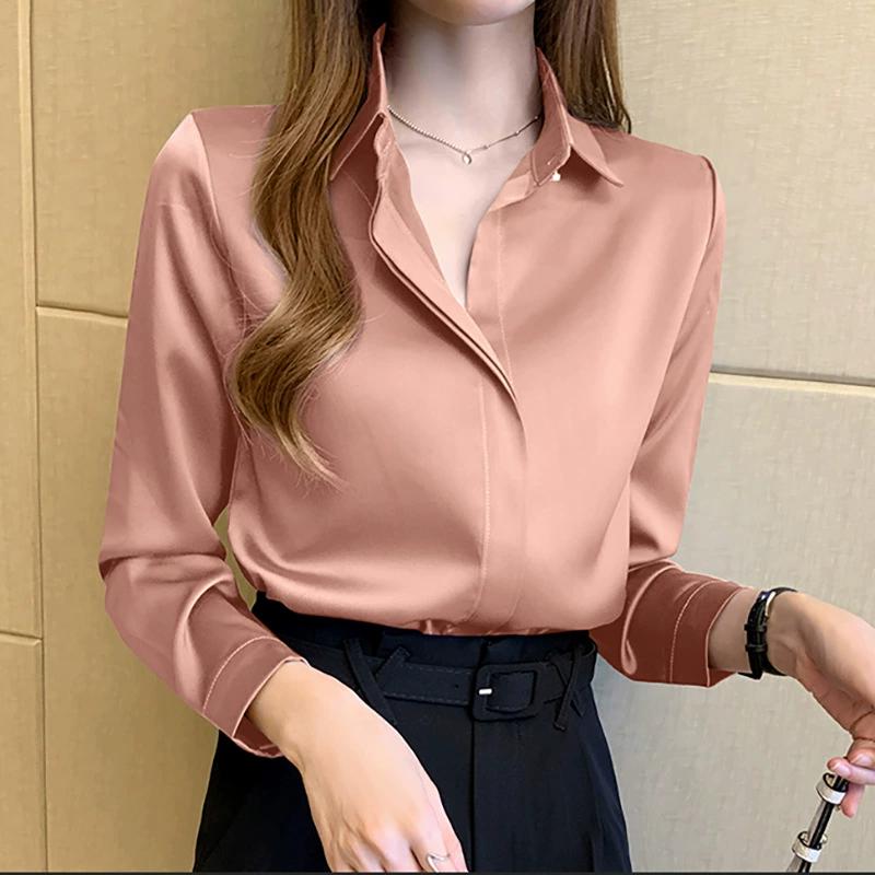 Simple Commuter Temperament Shirt Retro Hong Kong Style Long-sleeved Satin Women's Shirt Long-sleeved Elegant Blouse Commuter Shirt Spring Autumn