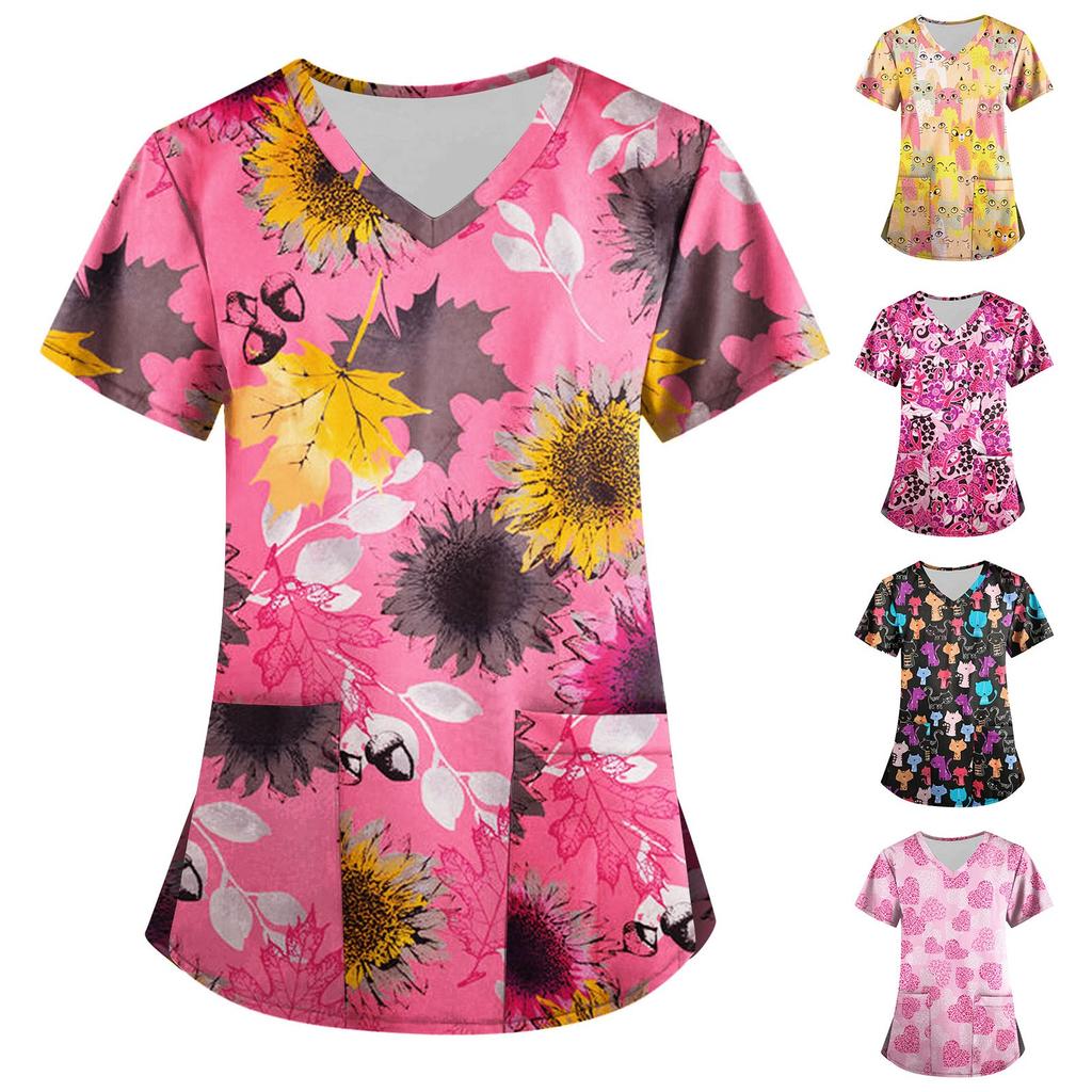 Women's Fashion V-neck Short Sleeve Workwear With Pockets Printed Tops