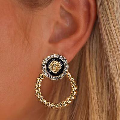 Trendy New Lion Head Inlaid with Synthetic Zircon Stud Earrings Court Vintage Women's Earrings