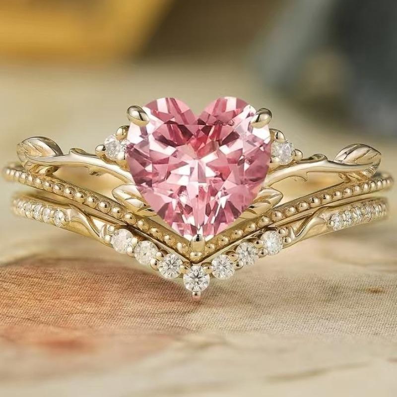 

European and American new fashion crown shape pink heart-shaped zircon inlaid personalized luxury court style women s ring 9&Gold-color рожевий