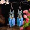 Bohemian Blue Tassel Feather Earrings in Ethnic Yunnan Style