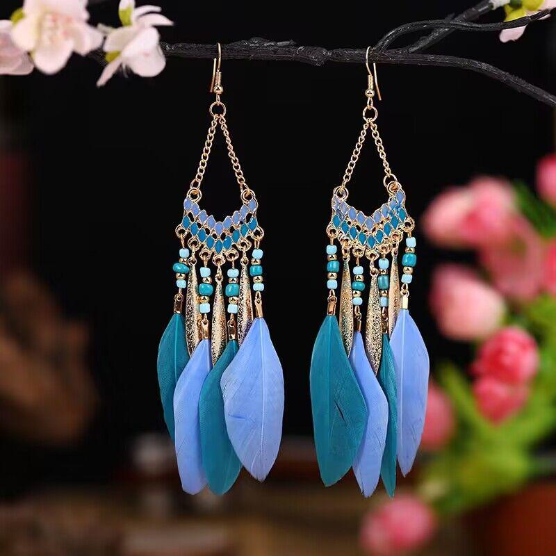 Bohemian Blue Tassel Feather Earrings in Ethnic Yunnan Style