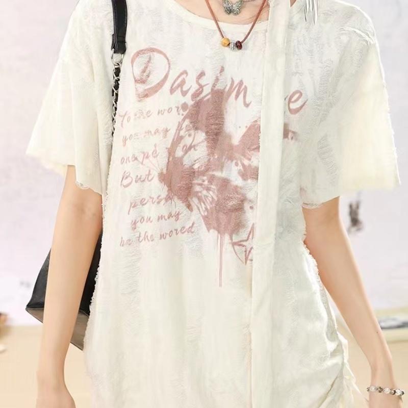 Butterfly Print Drawstring Design Women's Short Sleeved T-shirt Summer Slimming Ladies Tees Korean V-neck Loose Top