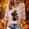 Women's V-Neck Halloween Printed Three-Quarter Sleeve Casual Blouse for Fall Festive Occasions