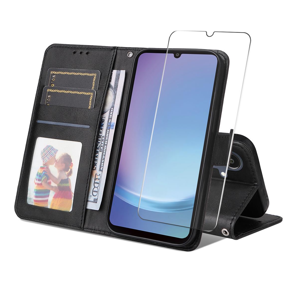 

For Samsung Galaxy A25e PU Leather Wallet Case ENKAY HAT PRINCE Phone Stand Cover with Tempered Glass Black
