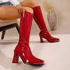 Fashion High Boots Autumn New Metallic Square Toe Patent Leather Back Zip Anti-Slip Wear-Resistant Heels