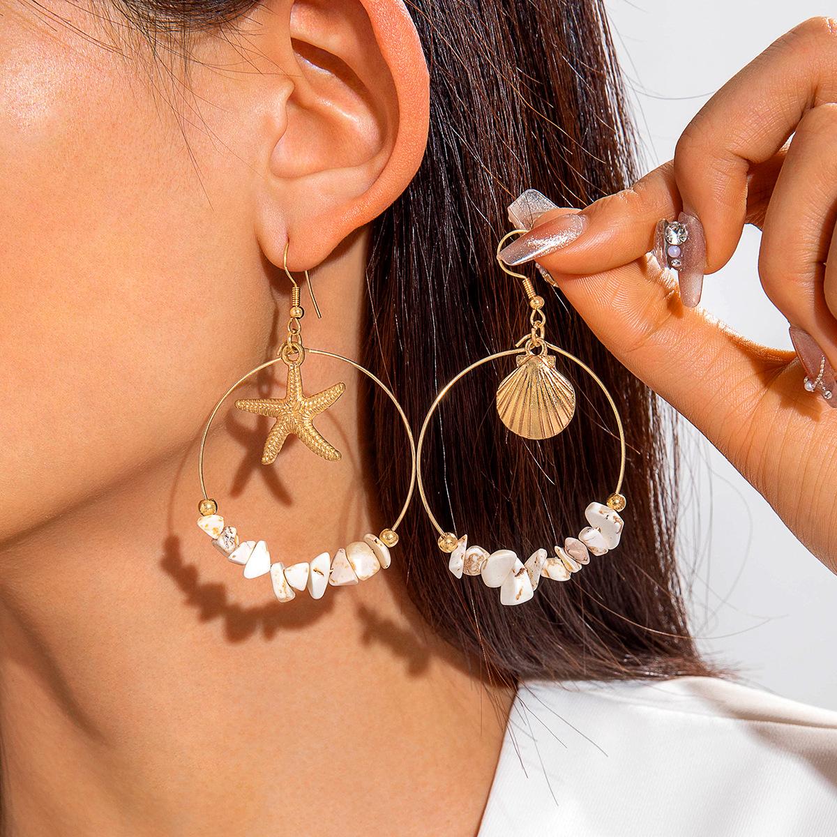 Богемные асимметричные серьги с ракушками морской звезды, геометрические серьги-подвески с гравием