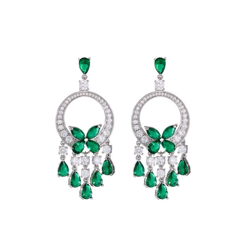 High-end Micro-inlaid Zircon Green Butterfly Fringed Heavy Industry Earrings French Light Luxury Dress Accessories