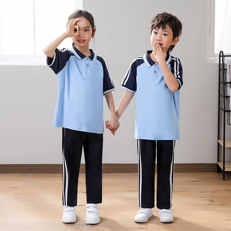 Unisex Summer Blue Short Sleeve Uniform Set for Junior High Graduation and Sports Events
