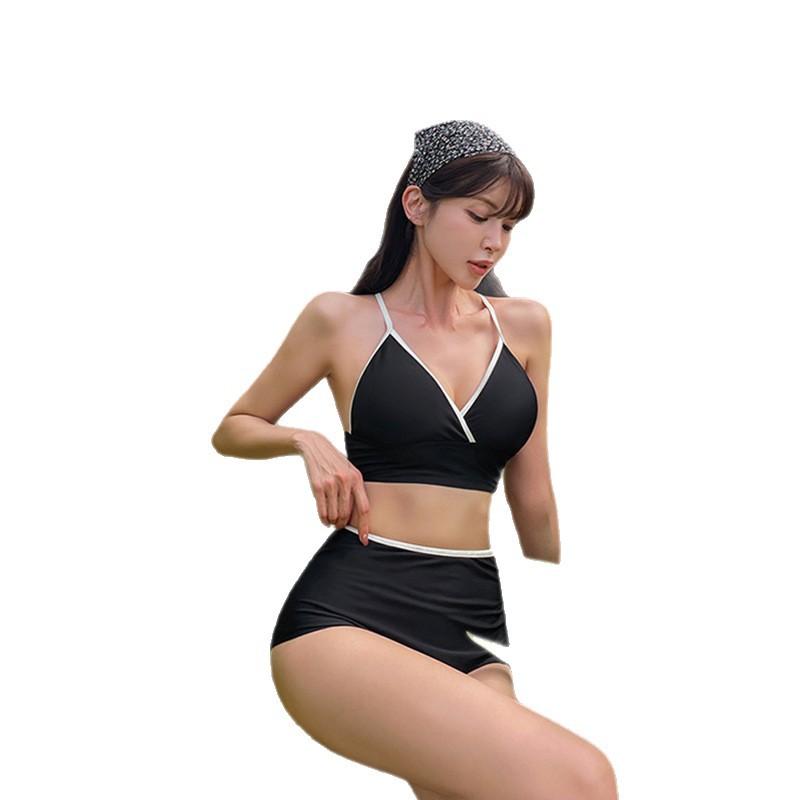 1011 New Korean Female Sexy Contrasting Backless Straps Hot Girl High Waist Thin Beautiful Split Swimsuit Bikini