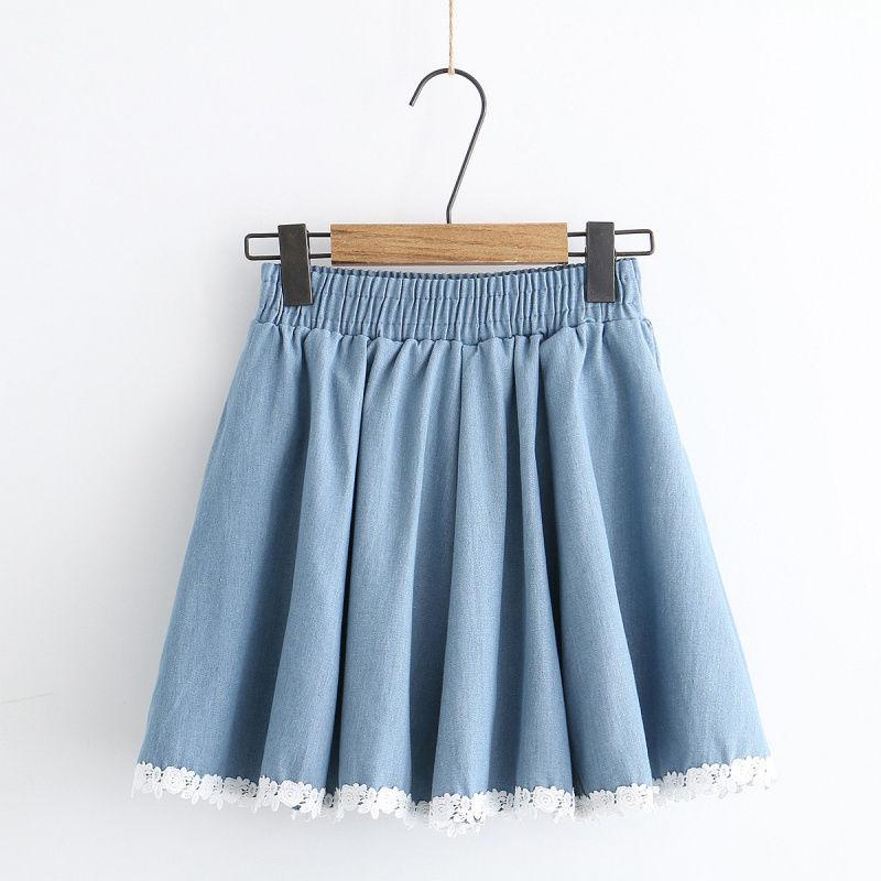 Female Elastic Waist Sweet Lace Patchwork Denim Short Skirt A-line Skirt Half Body Skirt Female