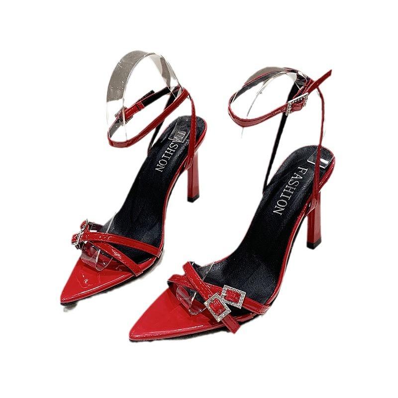 European and American new super high-heeled sandals women's head metal letters and one-word buckle Roman open toe