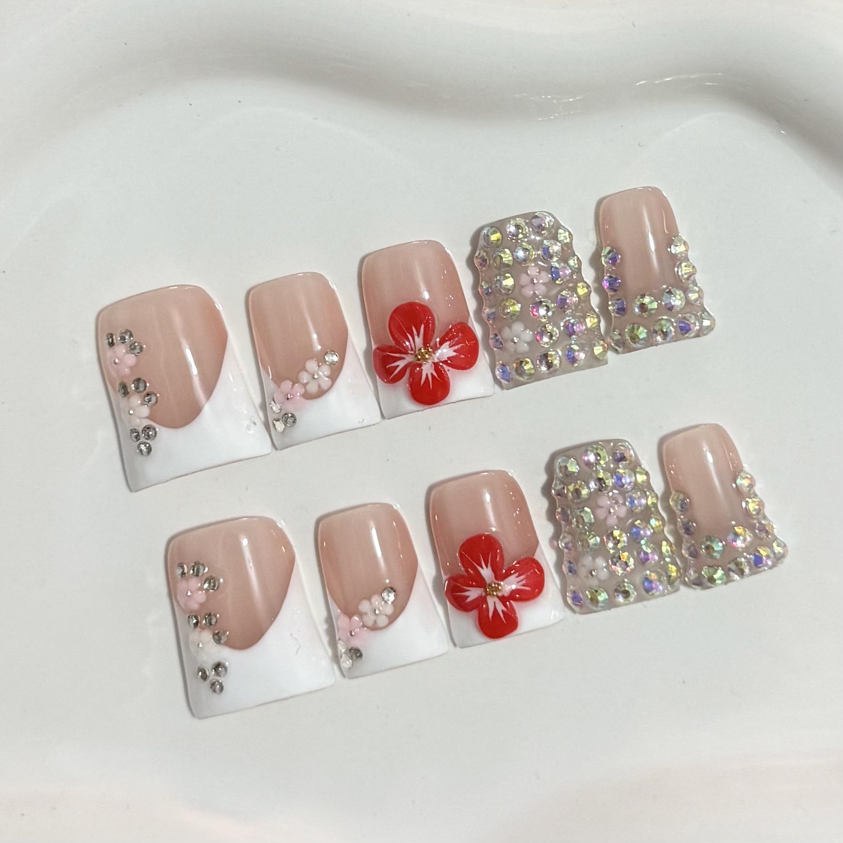 European-American Sweet Cool Rhinestone Duckbill Wearable Nails: Handmade False Nails. S size [includes tool kit]