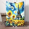 Swirling Sunflowers and Eiffel Tower Pattern Blanket Flannel Material Soft Warm for All Seasons, Home Outdoor Camping Picnics RV