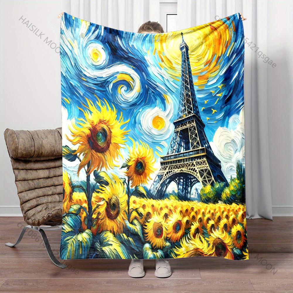Swirling Sunflowers and Eiffel Tower Pattern Blanket Flannel Material Soft Warm for All Seasons, Home Outdoor Camping Picnics RV