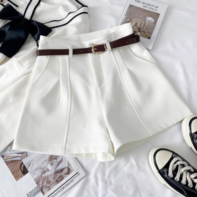 Fashion Solid Slim High Waist Suit Shorts Women Vintage Elegant Loose Wide Leg Shorts Women Casual Office Lady Short Pants with Belt 24276