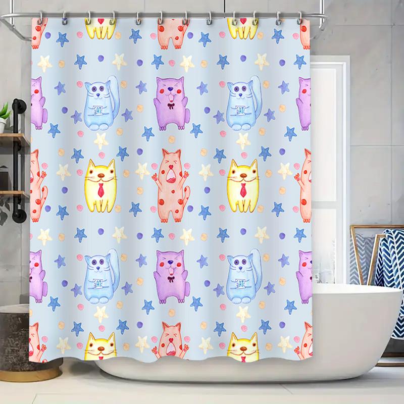 

Adorable Cats Shower Curtain Blue Purple Pink Yellow Red Cartoon Print For Bathroom Decor Waterproof Fabric Customizable Size Sh W60H190(CM)-1 Pcs