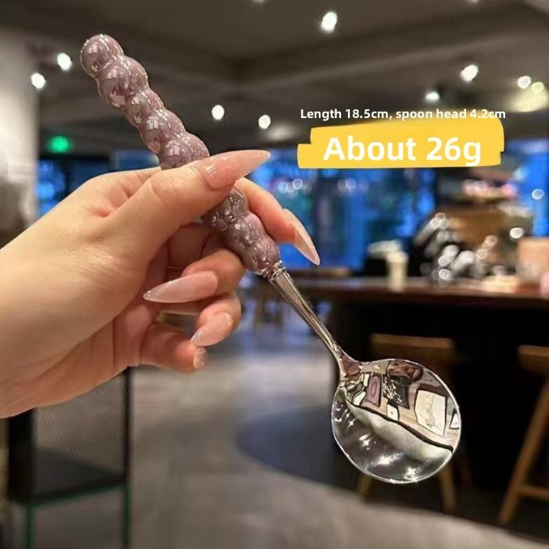 Pearl Stainless Steel Spoon with Imitation Ceramic Handle, Household Dining Spoon, High-temperature Resistant Round Spoon Spoon