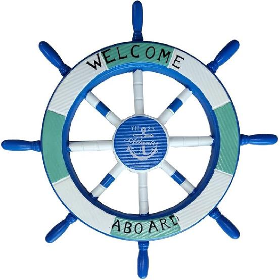 Nautical Ship Wheel Wall Decor, 18 In, White and Turquoise, Beach Theme with Seashells and Fish Net (11 Inch Crack Finishing)