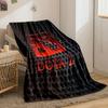 A red logo with a textured design over a black circular grid pattern. for all seasons blanket lunch break throw gift