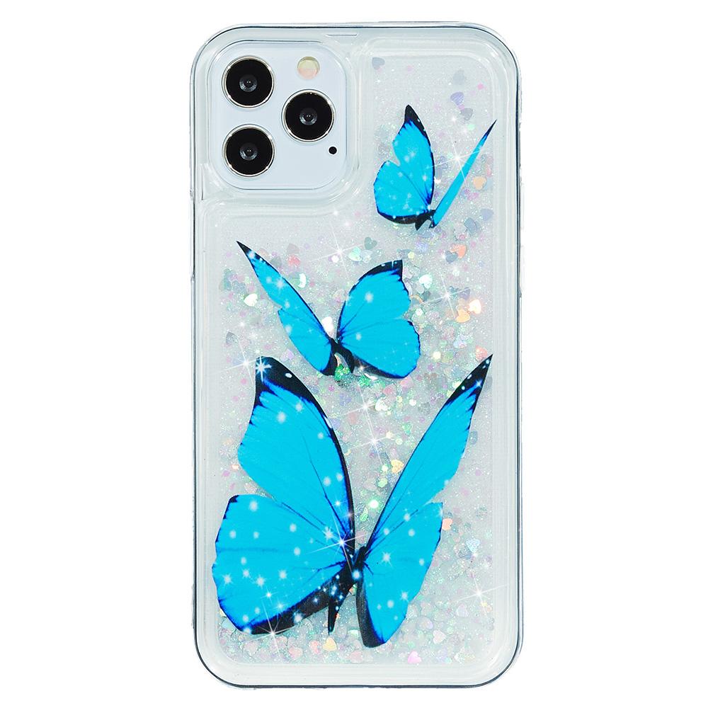 

For iPhone 15 Pro Max Glitter Bling Powder Quicksand Case Pattern Printing TPU Phone Cover Blue Butterflies