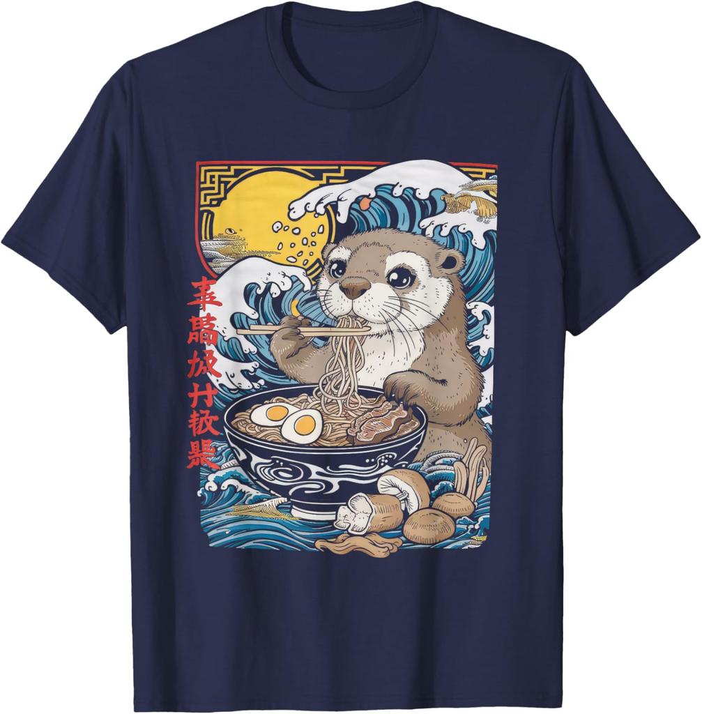 Otter Eating Ramen Graphic Tee Cute Japanese Wave Anime Style TShirt Casual Comfort