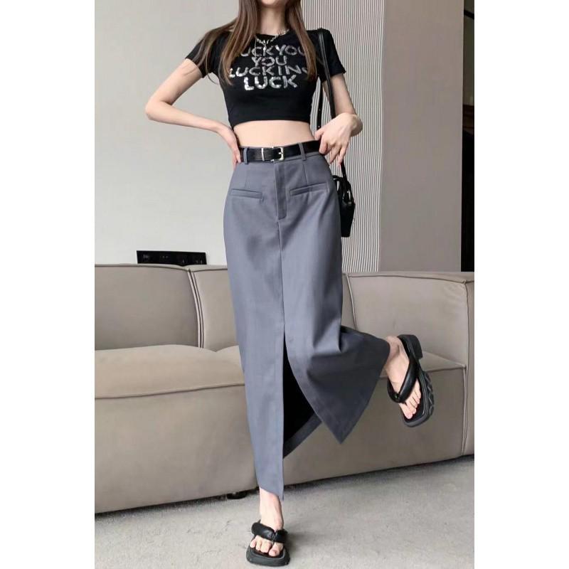 2023 Spring Women's High-Waist A-line Split Midi Skirt - Slimming, Long, Casual Bodycon Skirt