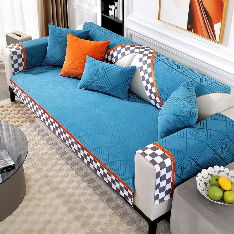 Nordic Luxury Sofa Covers Cushion L Shape Leather Couch Cover Black White Squares Edging Non-slip Back Towel for Living Room