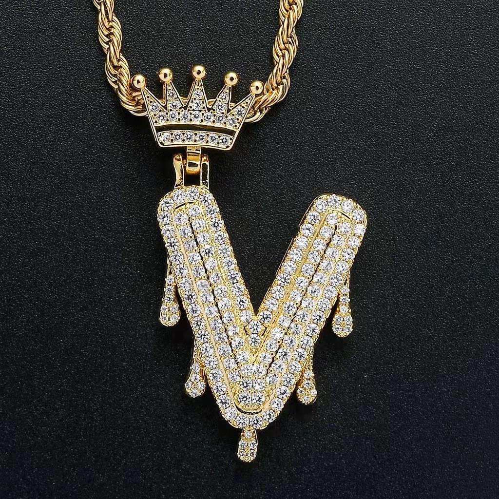 Stylish Hip Hop Zircon Crown Pendant Necklace with 26 English Letters for Women