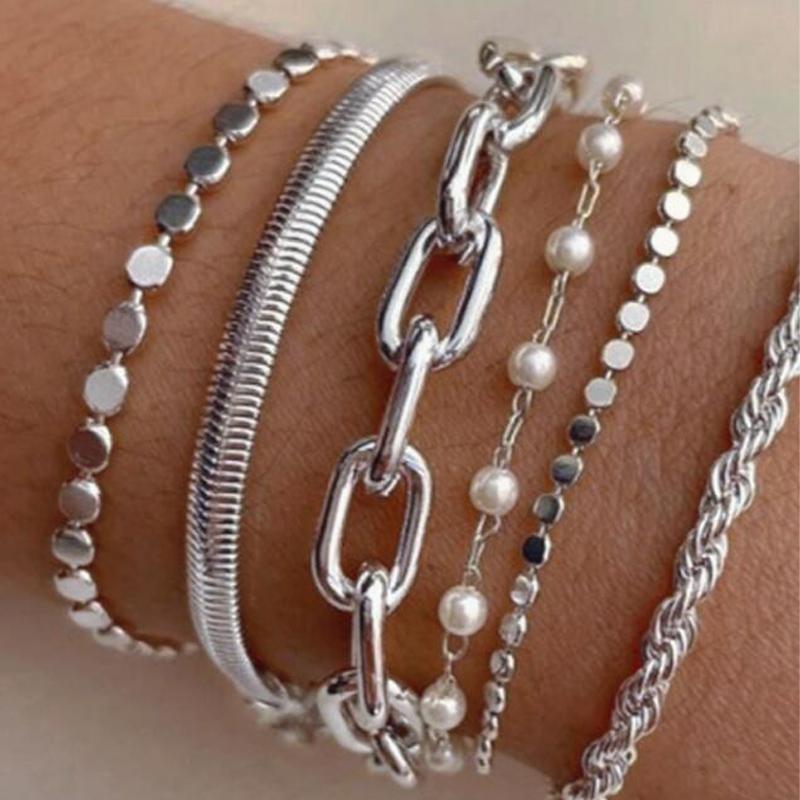 

6pcs Vintage Pearl Snake Chain Bracelet Set For Women Fashion Chunky Flat Round Design Twisted Chain Bracelet Daily Wear Jewelry