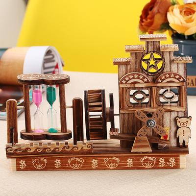 Cabaña Molino de Viento Velero Caja de Música Giratoria Creativo Portalápices de Madera Regalo de Cumpleaños para Estudiante