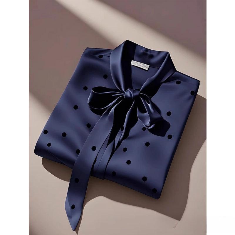 Elegant High Quality Satin Polka Dot Print Shirt Women Office Lady Business Casual Chic Blouse Lace-up Bow Long Sleeve Loose Top