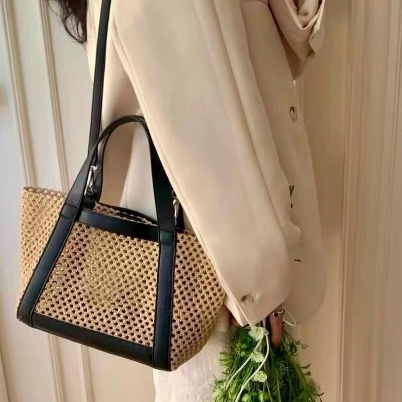 Womens 2025 Woven Straw Tote Bag Large Capacity Shoulder Minimalist Chic Design Soft PU Interior Casual Travel Use