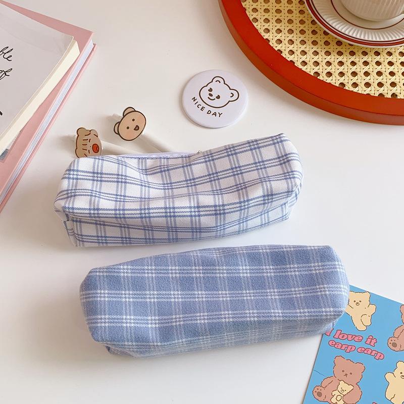 Large-capacity Plaid Pattern Pencil Case Kawaii Pencil Bag Funny Pencilcase Cartoon Students School Supplies Cosmetic Bag