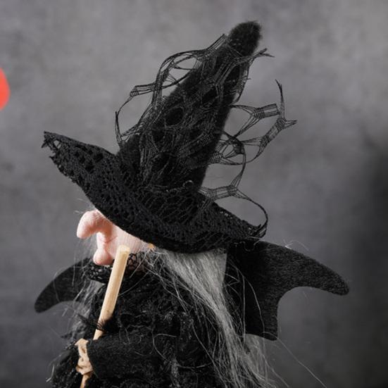 Halloween Witch Doll with Broom Small Witch Figurine with Gauze Skirt Spooky Table Centerpiece for Home Bedroom Desktop Decor