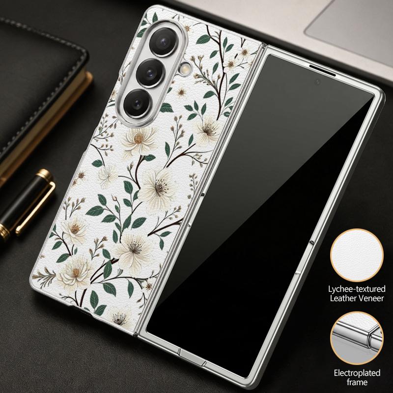 Vintage White Flower Case For Samsung Z Fold 8 Ultra 7 6 5 Luxury Plating Leather Skin Hard Phone Cover For Galaxy Z Fold8 Fold7 Fold6