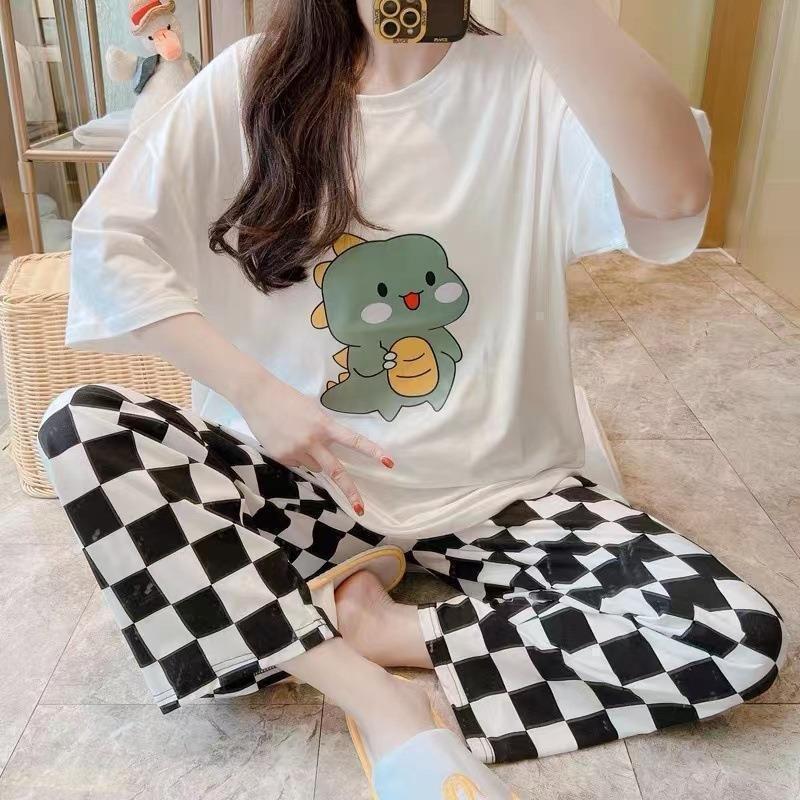 Pajamas women's short-sleeved trousers summer cartoon cute 2 new cartoon spring and summer loungewear suit can be worn outside