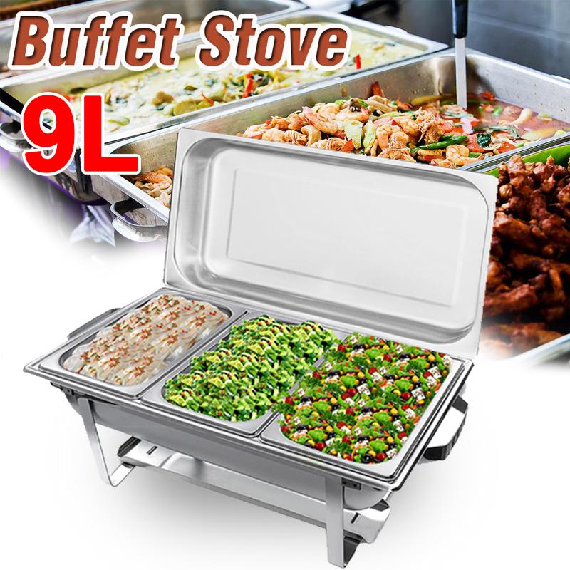 9L 3 Plates Dish Set Container Food Warmer Chafing Dish Full Buffet Catering Foldable Stainless Steel Square Buffet Stove