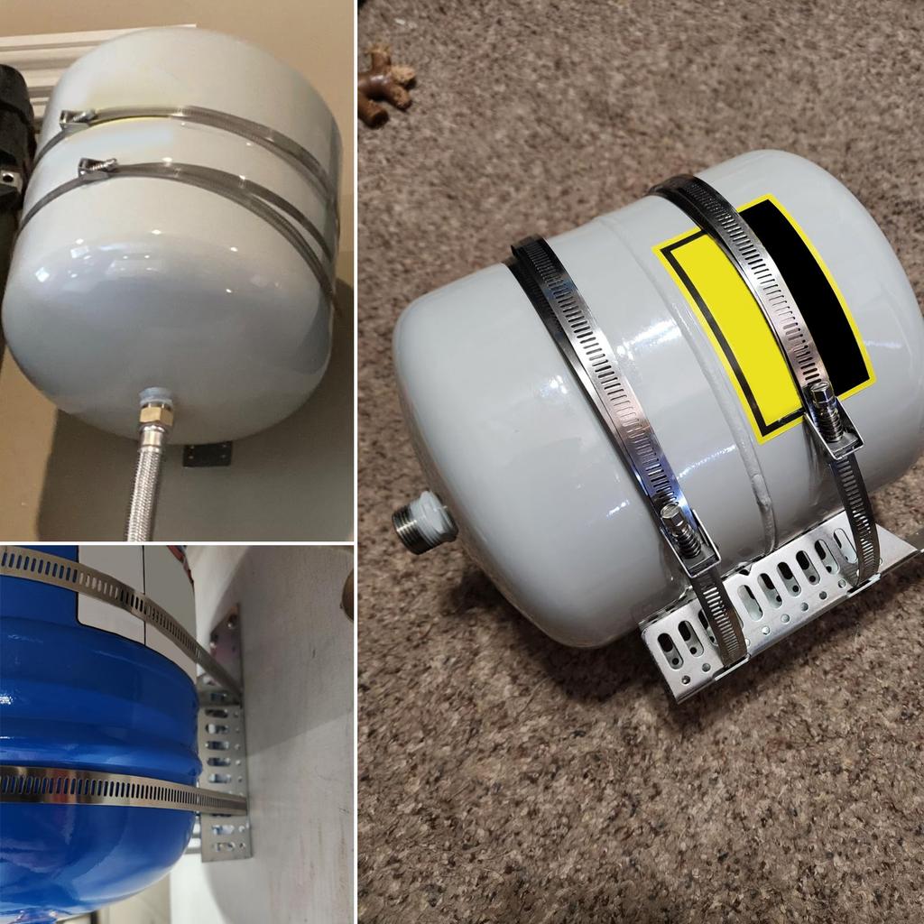 Tragbare, robuste Halterungen für Ausdehnungsgefäße aus Metall für Gallonen-Warmwasserbereiter. Inklusive Erdbebengurten zur sicheren Befestigung