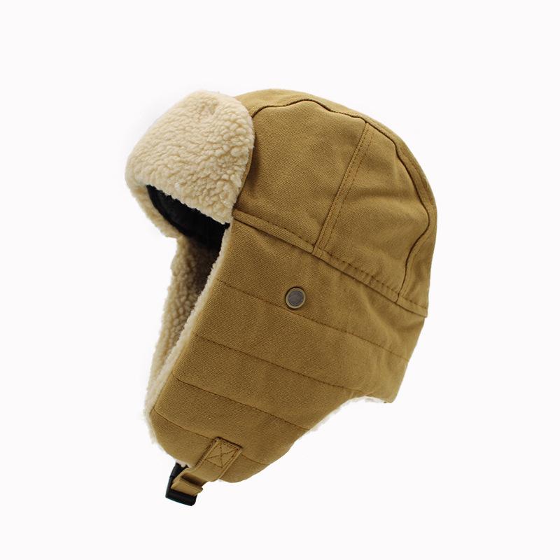 Retro Lamb Wool Canvas Lei Feng Hat with Ear Protection, Velvet-lined, Solid Color, Thickened for Warmth