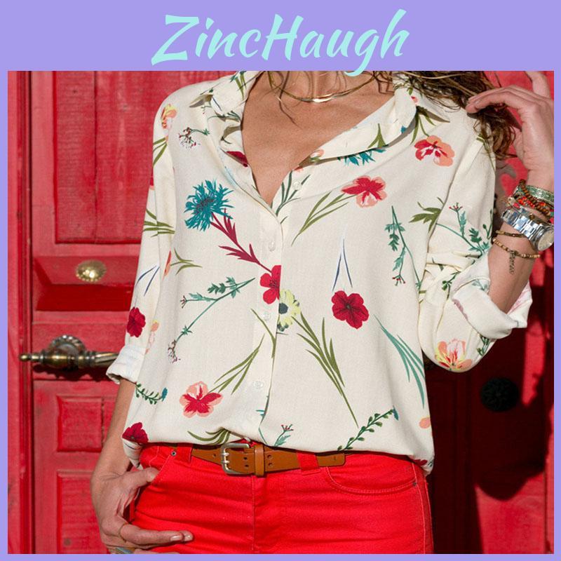 Camiseta Listrada Floral de Manga Longa com Botões e Decote V para Mulheres Outono Blusa Casual Tops Para Estilo Despojado e Conforto