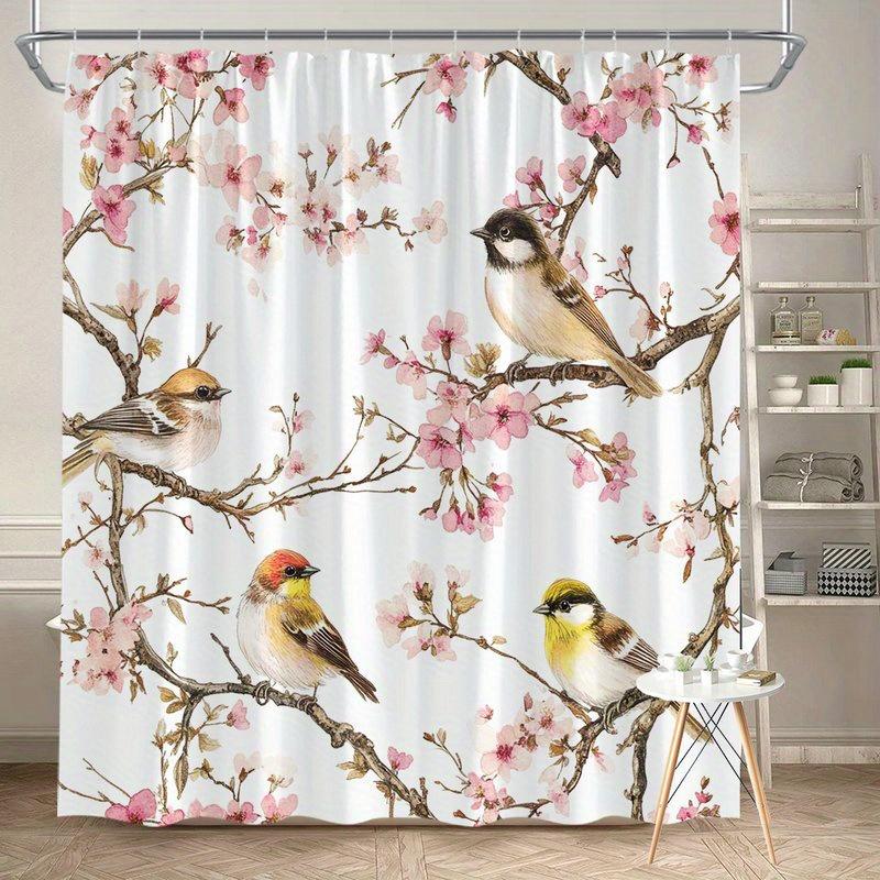

1 Piece Of Watercolor Cherry Blossom Bird Print Shower Curtain, Polyester Fabric, Machine Washable, Suitable For Bathroom W60H190(CM)-1 Pcs