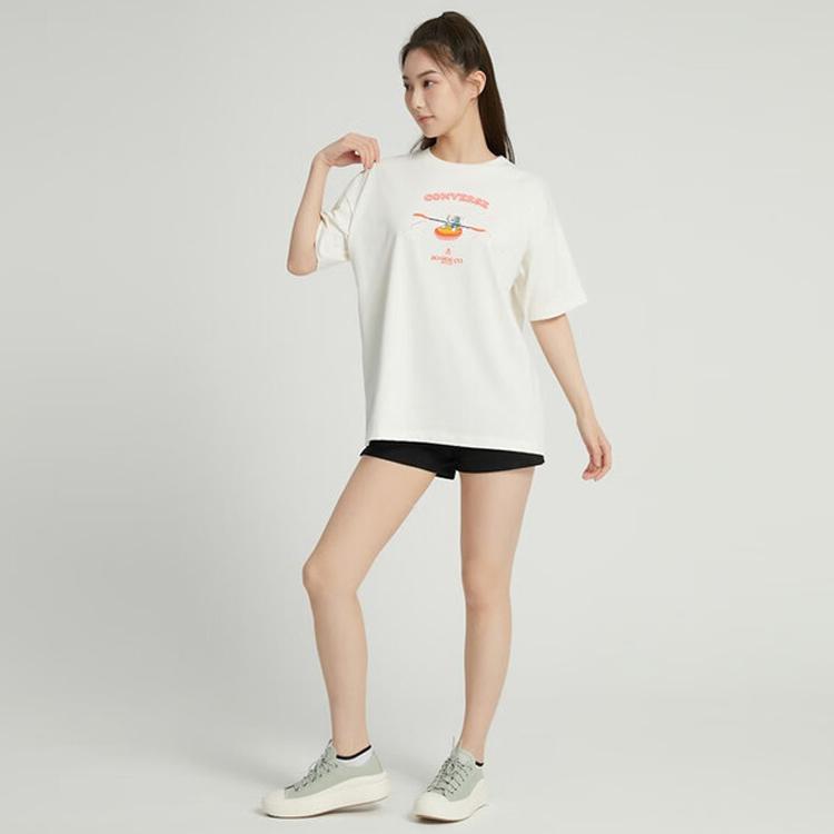 Converse T Shirts Women's Beige Crew Neck Moderate Straight Fit 10025883-A01