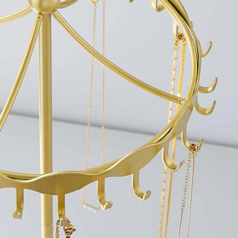 Iron Jewelry Display Stand with a Rotatable Upper Frame, Multiple Hanging Positions, and a Round Tray for Dresser Storage and Presentation