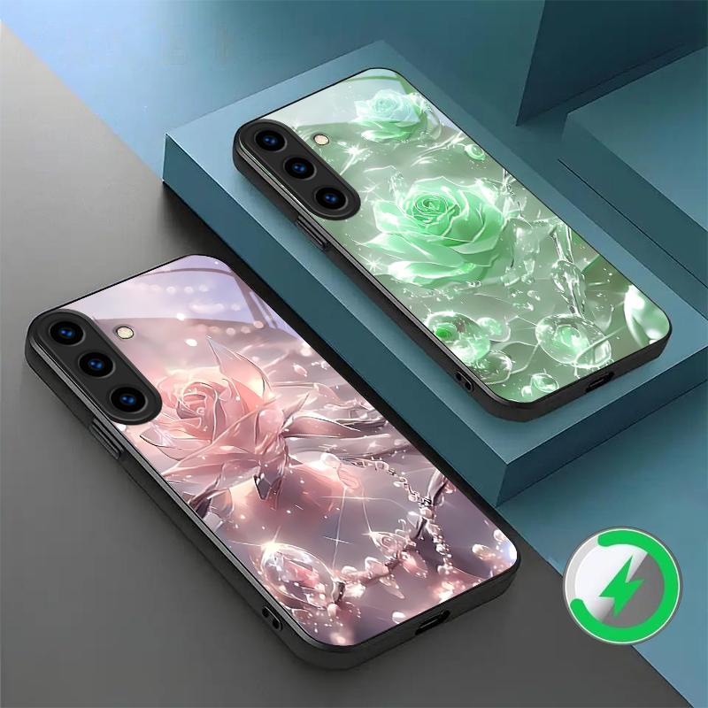 Ice crystal-colored roses For Samsung Galaxy S26 Ultra S20 FE S21 S22+ S23 Plus S24 Ultra 25 Edge For Magsafe Glass Phone Casee