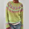 Womens Crew Neck Colorblock Loose Knit Sweater With Geometric Jacquard Acrylic Blend Plus Size S-5XL