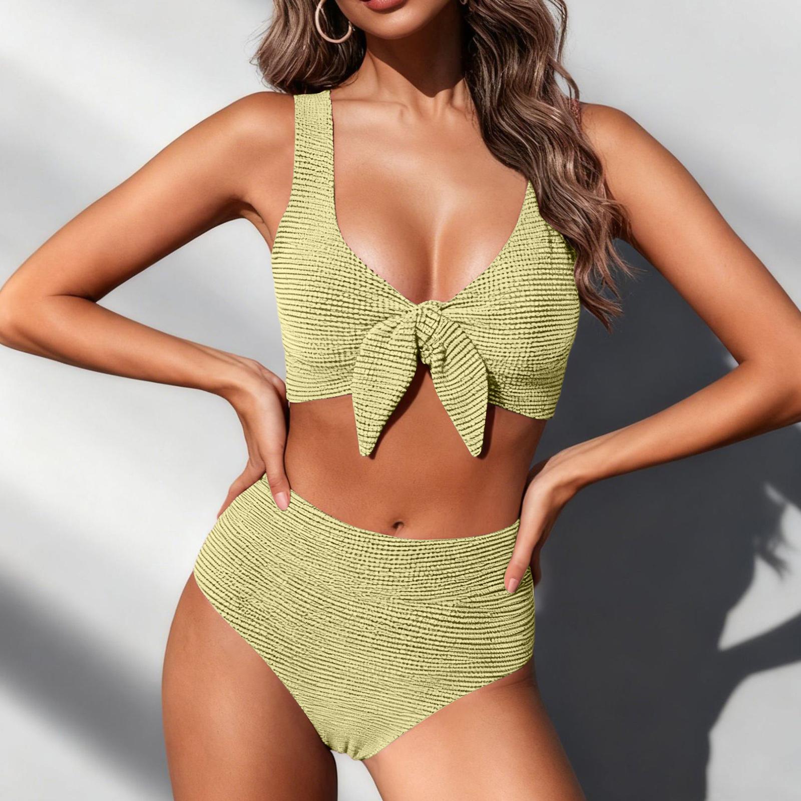 

Women Two Piece Swimsuit Fabric High Waist Bikini Set with Front Tie Knot Top and Scoop Neck Design for Beachwear L жёлтый